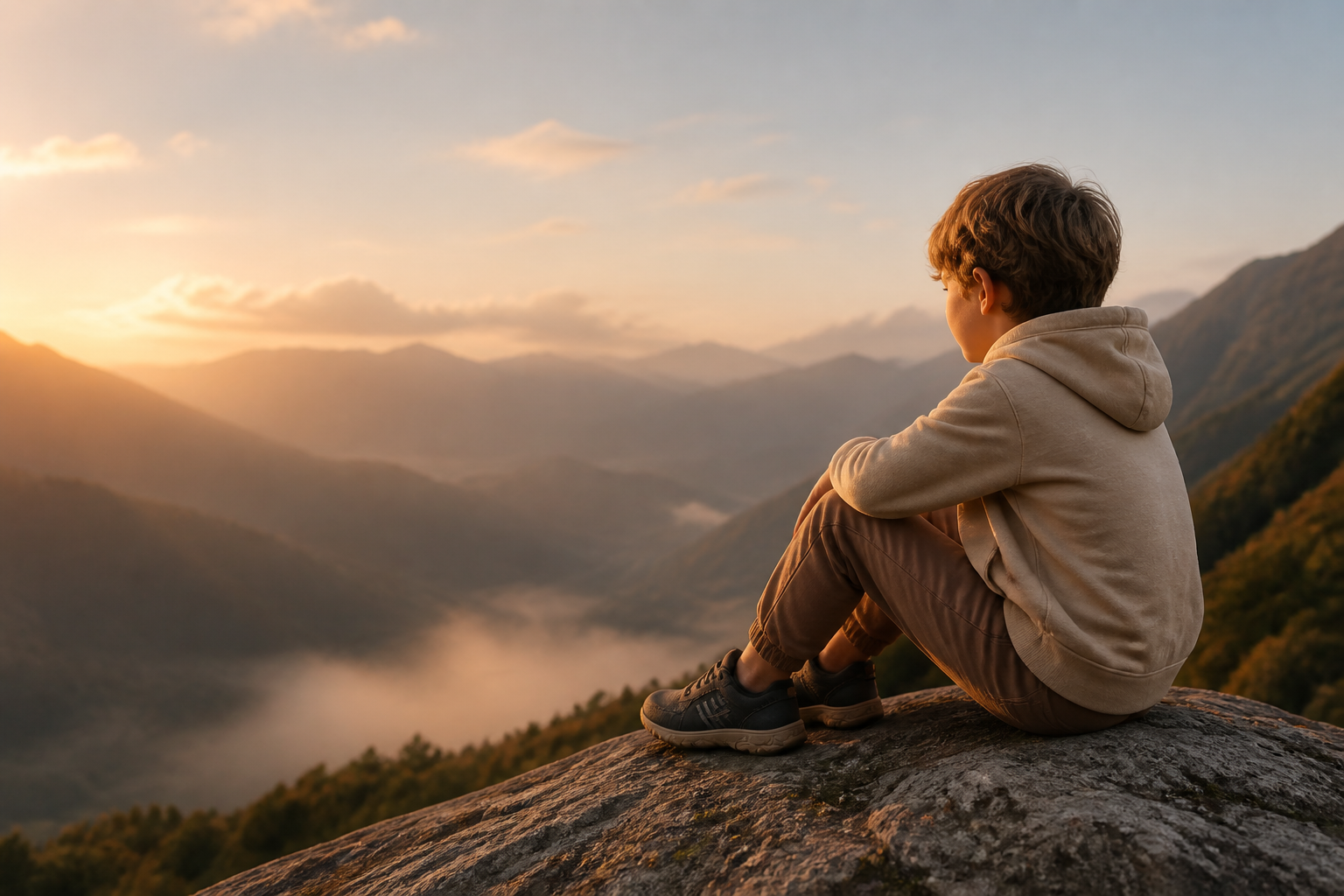 Niño con calzado barefoot en la montaña